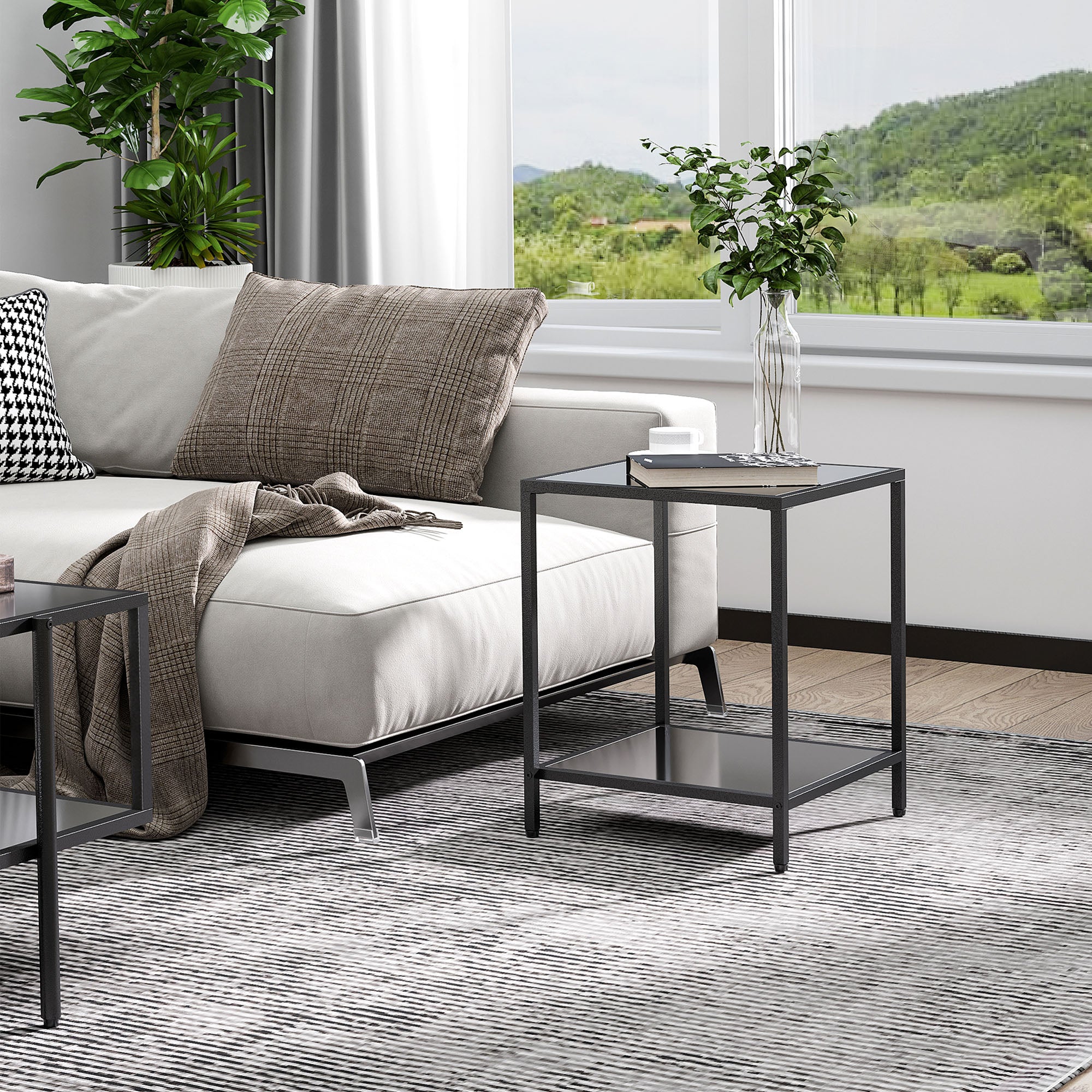 HOMCOM Tempered Glass Side Table with Storage, Modern 2-Tier Bedside Table with Steel Frame, Black
